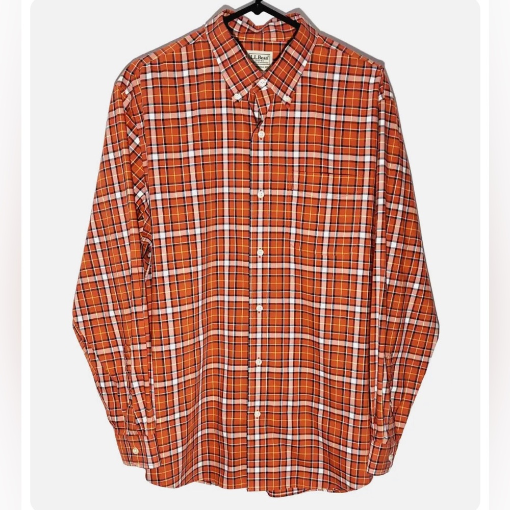 New NWT LL Bean Mens Orange Plaid Long Sleeve Button Up